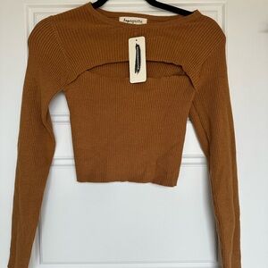 New With Tags Impressions Women's Caramel Ribbed Cutout Crop Top